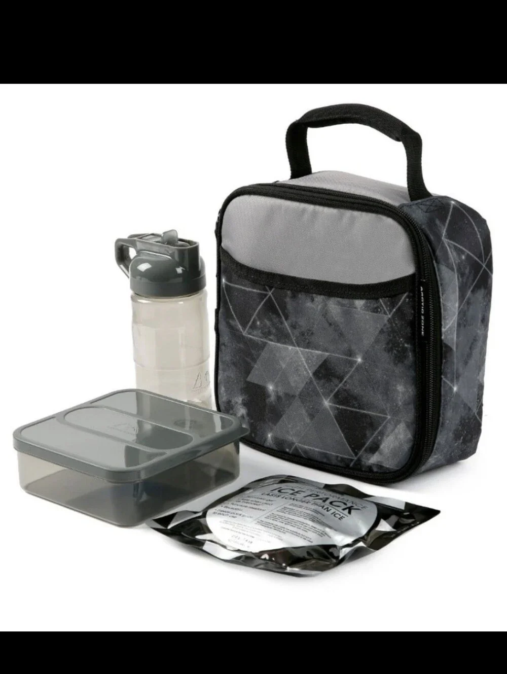 Insulated Gray Geometric Lunch Bag with Water Bottle and Container Set NWT $26